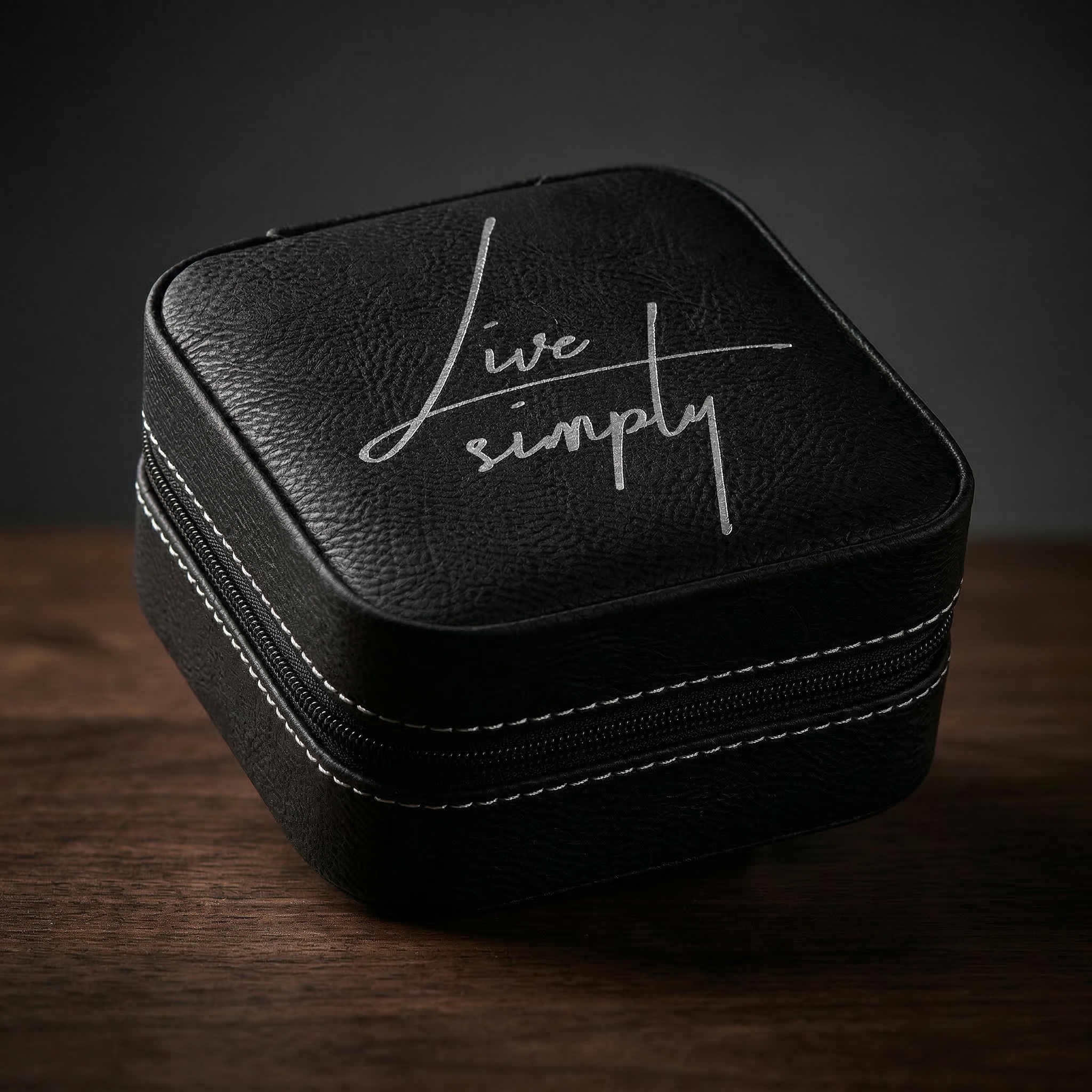 4" X 4" Black/Silver Laserable Leatherette Travel Jewelry Box with Black Lining