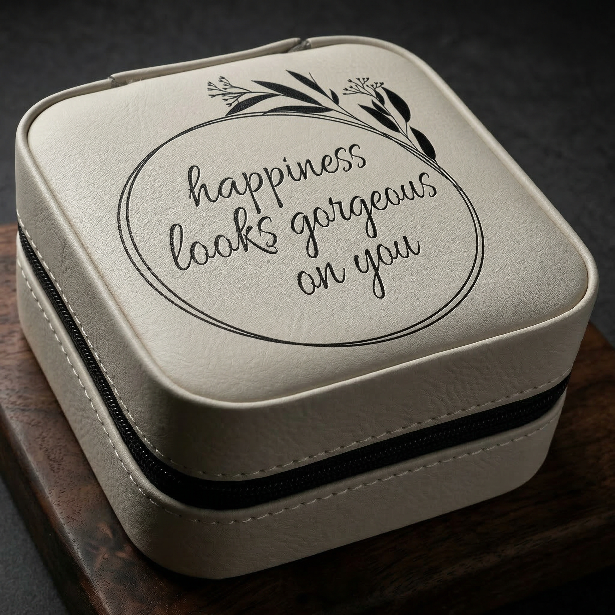 4" X 4" White/Black Laserable Leatherette Travel Jewelry Box with Black Lining