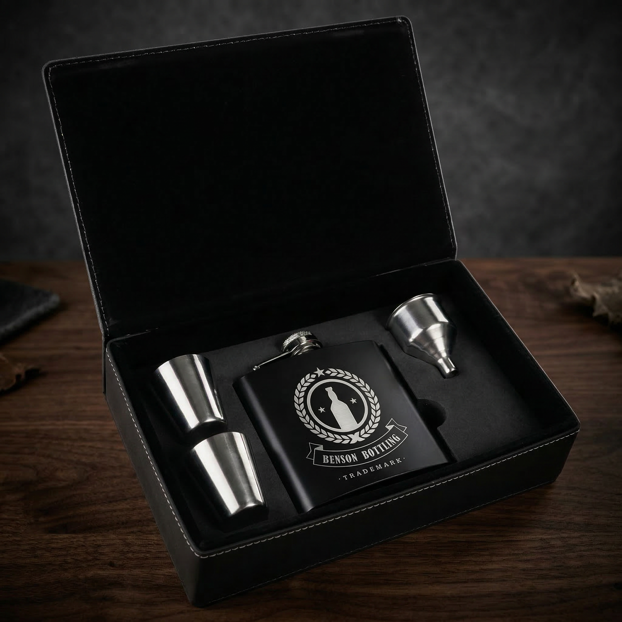 6 oz. Black Stainless Steel Flask Set in Black/Silver Laserable Leatherette Box