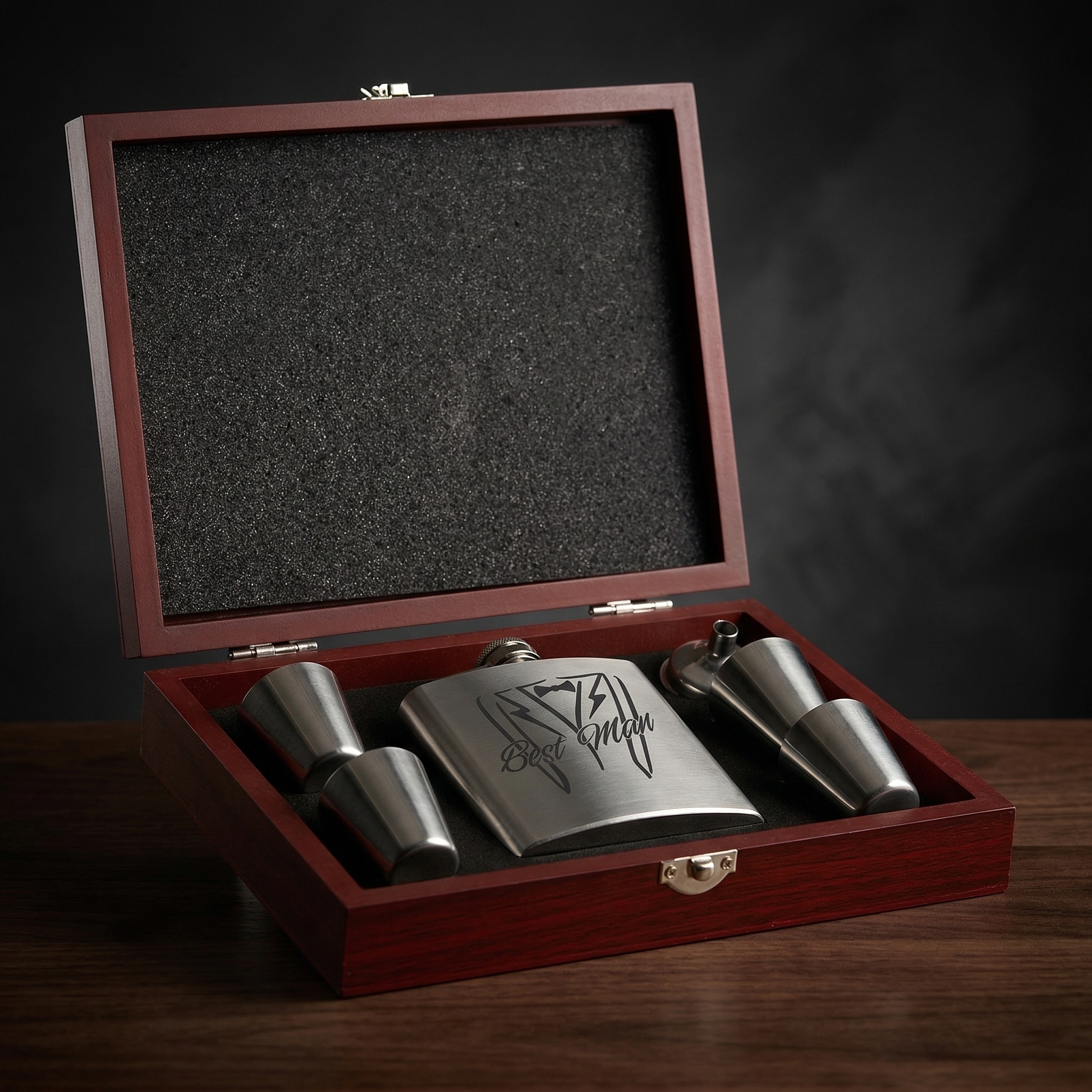 6 oz. Stainless Steel Flask Set in Wood Presentation Box