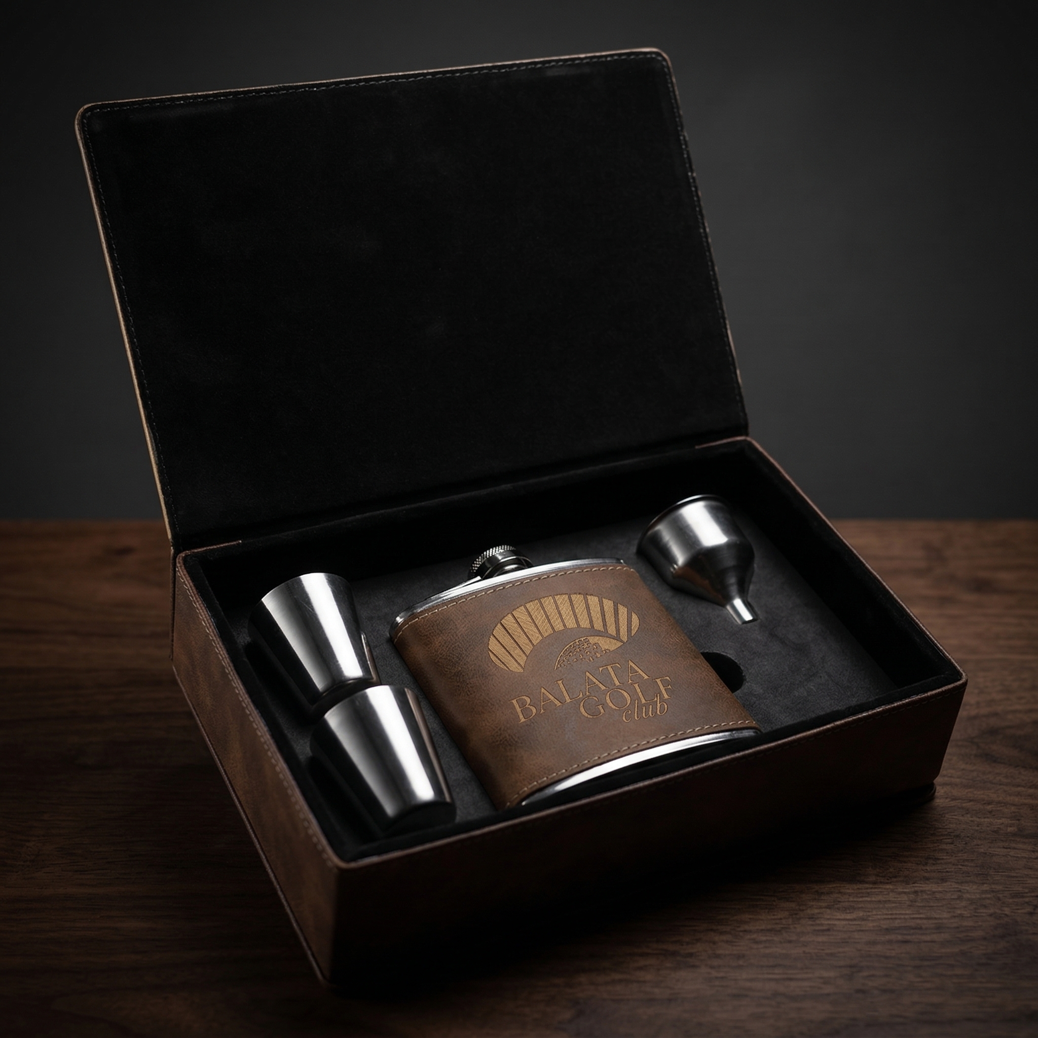 6 oz. Rustic/Gold Laserable Leatherette Flask Gift Set