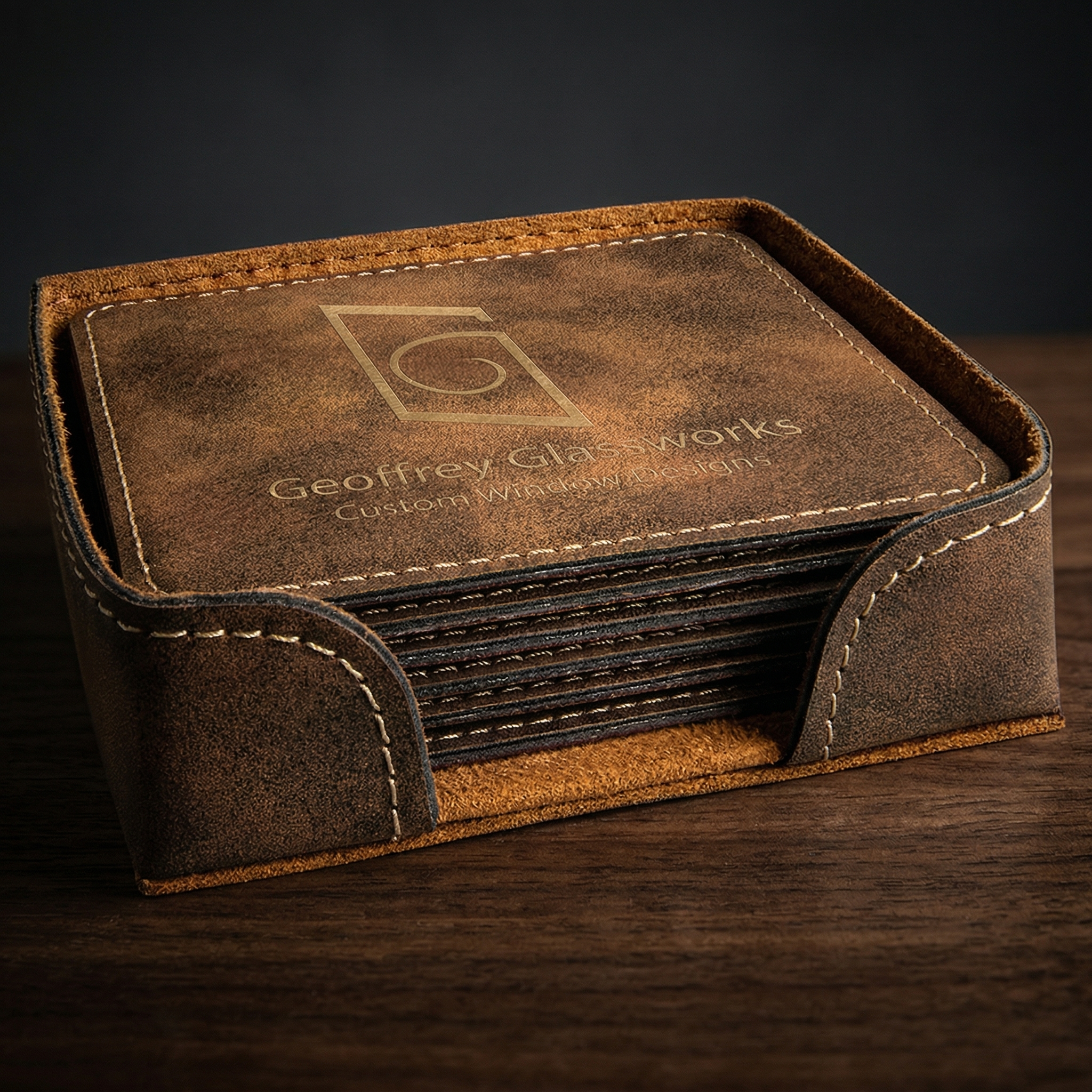 4" x 4" Rustic/Gold Square Laserable Leatherette 6-Coaster Set