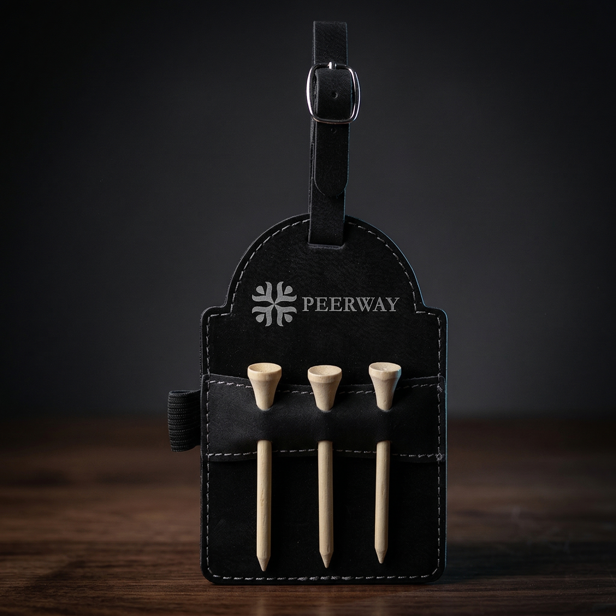 5" x 3 1/4" Black/Silver Laserable Leatherette Golf Bag Tag with 3 Wooden Tees