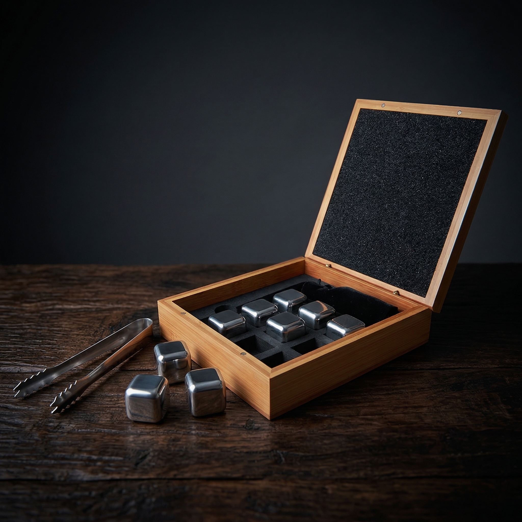 6 1/4" x 6 3/4" Stainless Steel Whiskey Stone Set in Bamboo Case