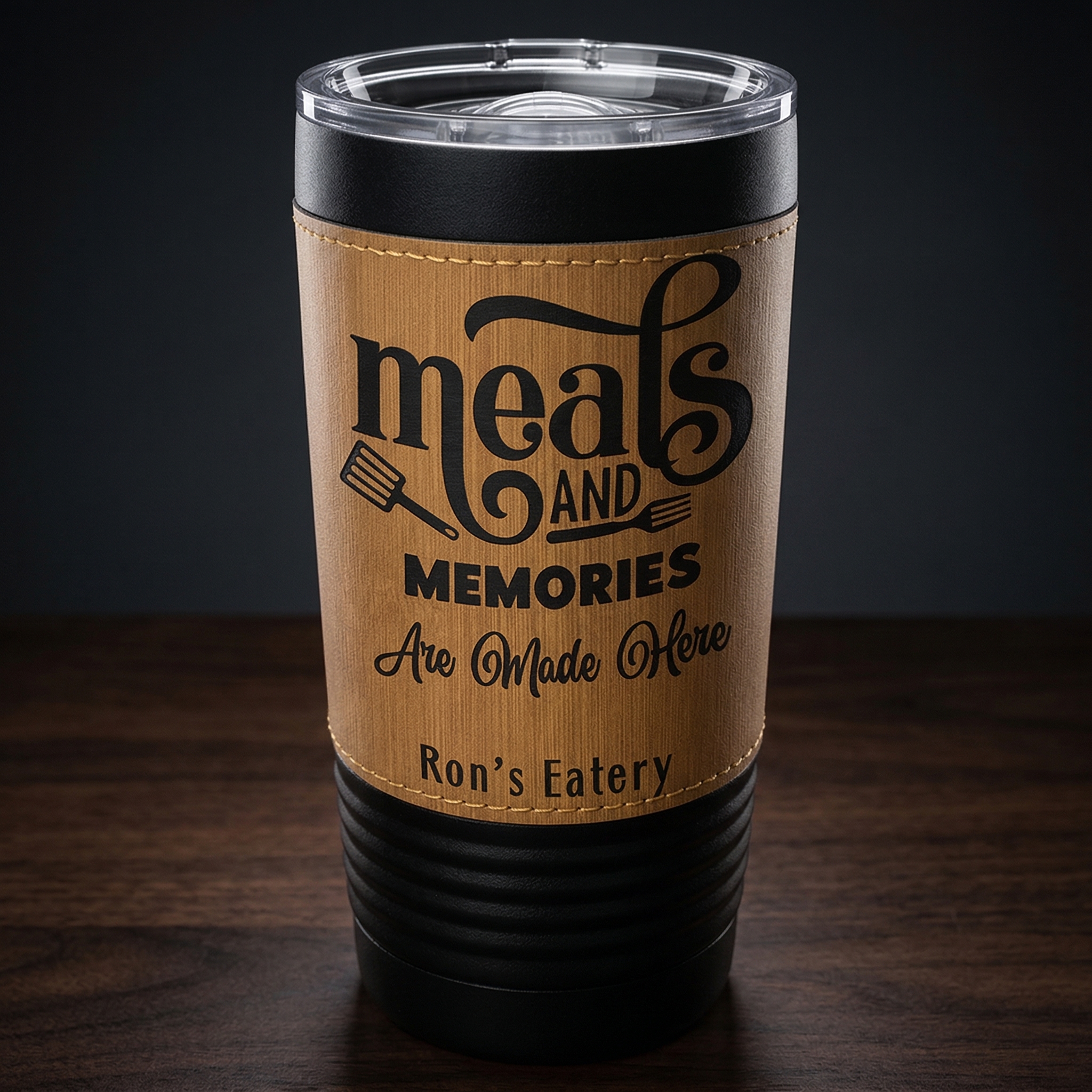 Polar Camel 20 oz. Black with Bamboo Leatherette Tumbler with Slider Lid