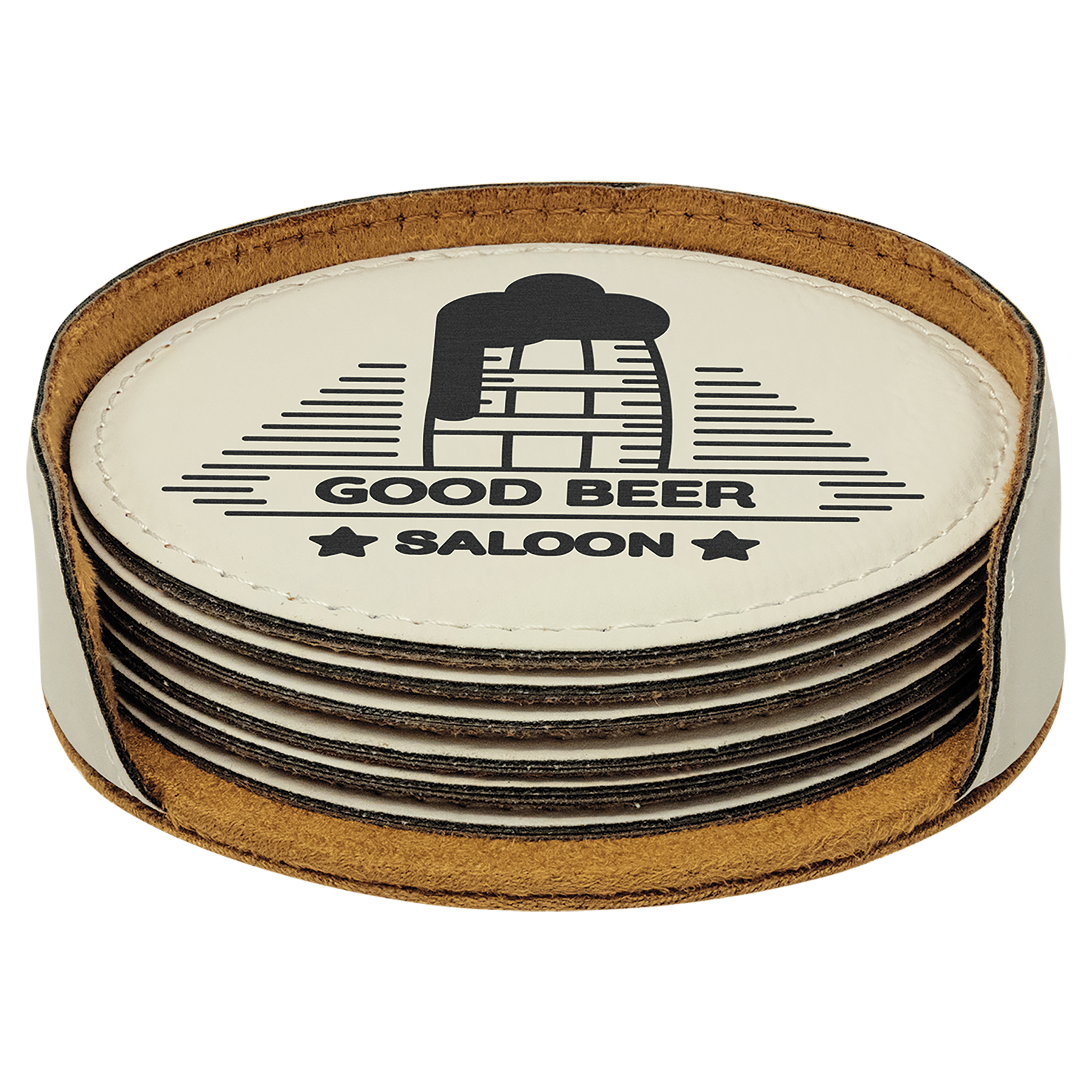 4" White Round Laserable Leatherette 6-Coaster Set